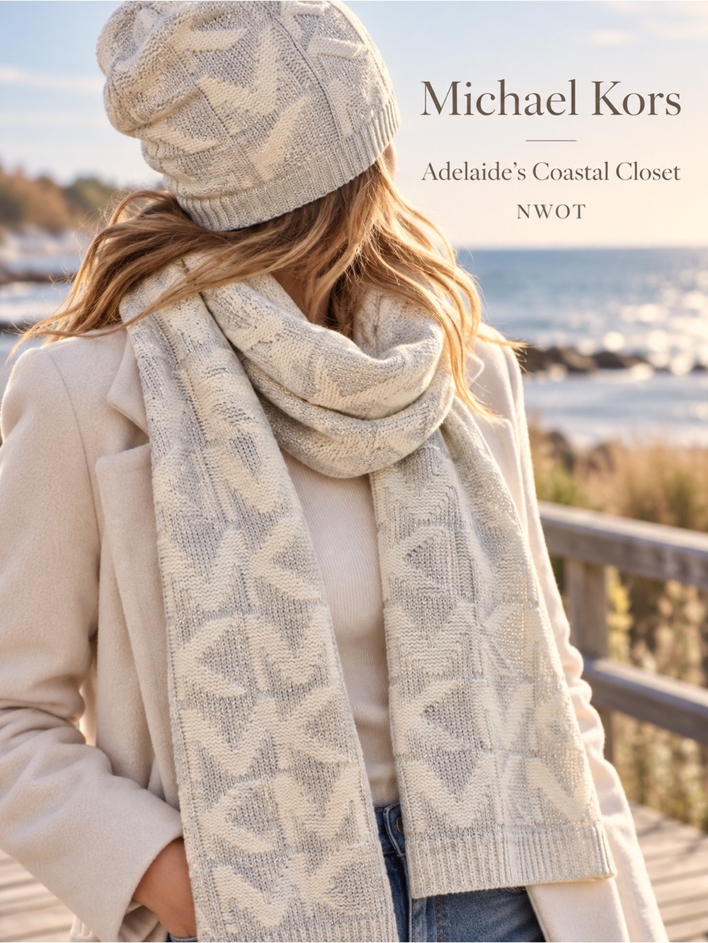 Michael Michael Kors Cream and Silver Metallic MK Knit Hat & Scarf Set NWOT